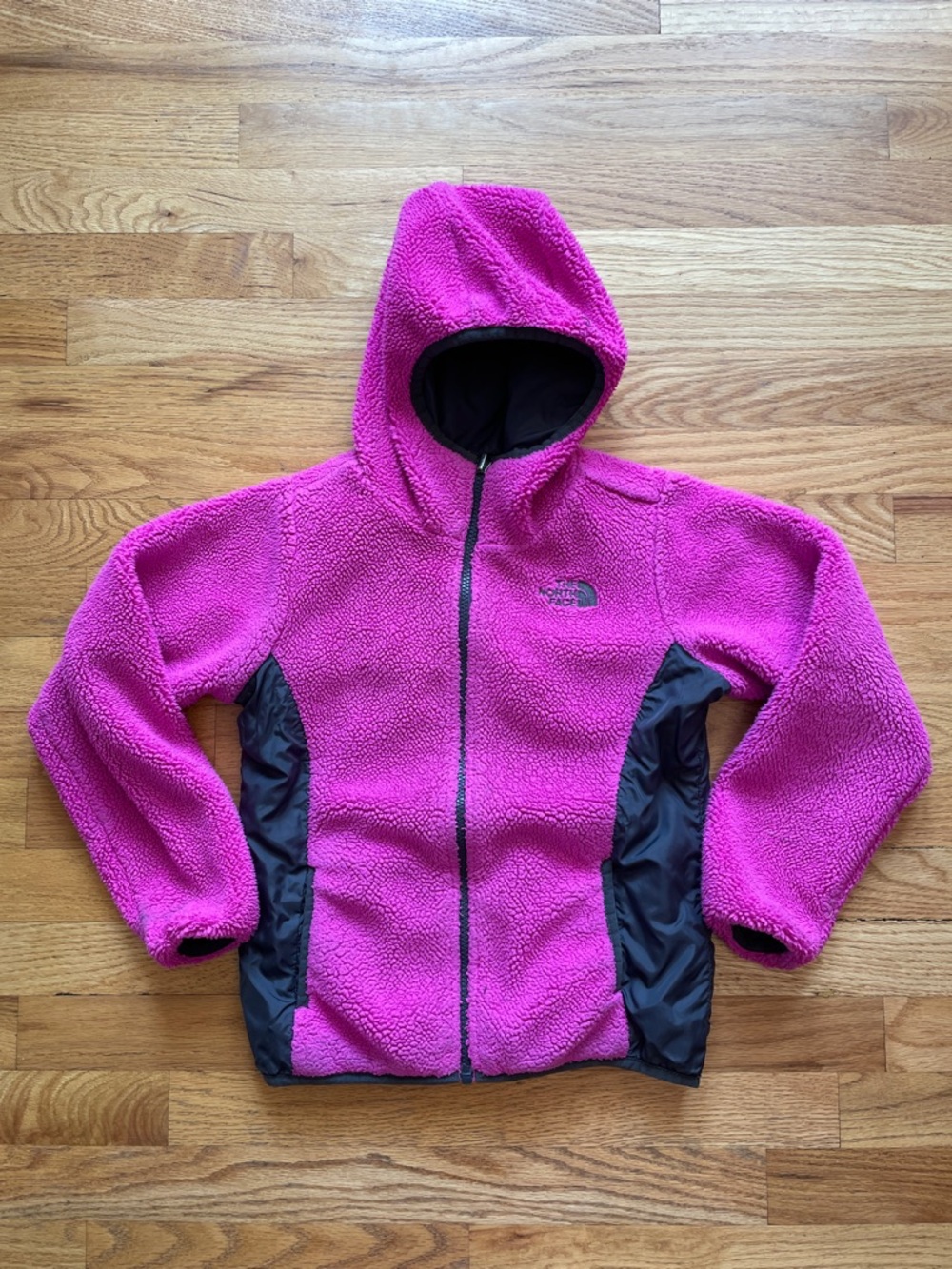 The North Face Girls' Reversible Hooded Puffer Jacket in Gray with Pink Lining
